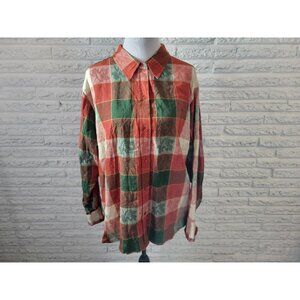Maria Gabrielle Women Top 2X Plus Long Sleeve Cotton Red Plaid Oak Leaves PLA13E